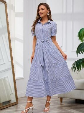 Blue Stripe Shirt Dress with Tie Waist sz. M